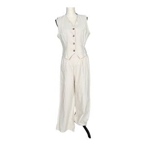 Minimalist Linen-Look 2-Piece Set: Tailored Vest & Wide-Leg Trousers Size L